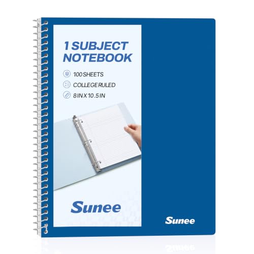 SUNEE Spiral Notebook, 1-Subject, College Ruled Paper, 8" x 10-1/2", 100 Sheets per Notebook, 3-Hole Punched Paper, Water Resistant Cover, Double-sided Pockets, Dark Blue