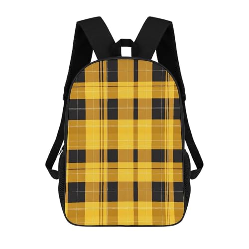Plaid Checkered Yellow Travel Backpack 17 Inch Casual Daypack Shoulder Bag with Adjustable Shoulder Straps
