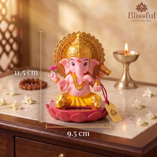 Image of Blissful Solar Moving Lord Ganesha Idol Statue Ganpati Murti for Car GoodLuck Office Home Decorative Showpiece - 11 cm (Plastic, Crystal, Gold, Yellow)