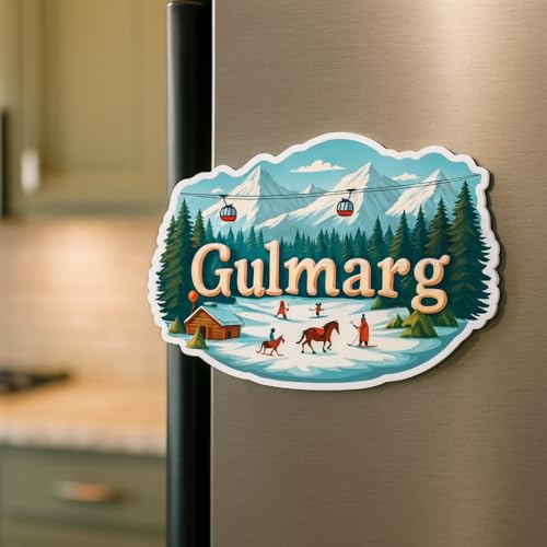 Image of Naxon Gulmarg Kashmir Theme Souvenir Wooden Fridge Magnet | Snow Valley & Gondola Design 3x3 Inch Refrigerator Magnet for Kitchen & Home Decor | Travel Gift from Gulmarg | Pack of 1