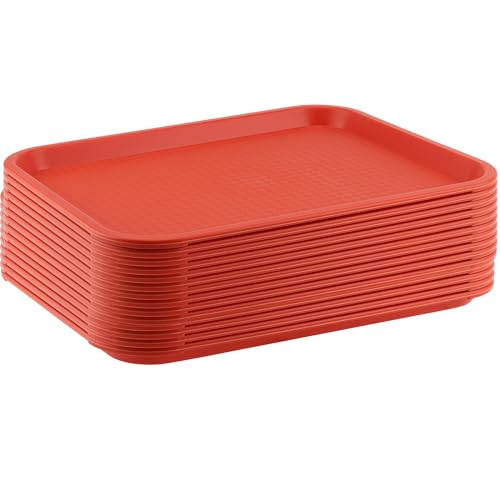 ZOENHOU 14 Pack 16 x 12 Inch Fast Food Tray, Rectangular Cafeteria Serving Trays, Plastic Trays for Food, Orange