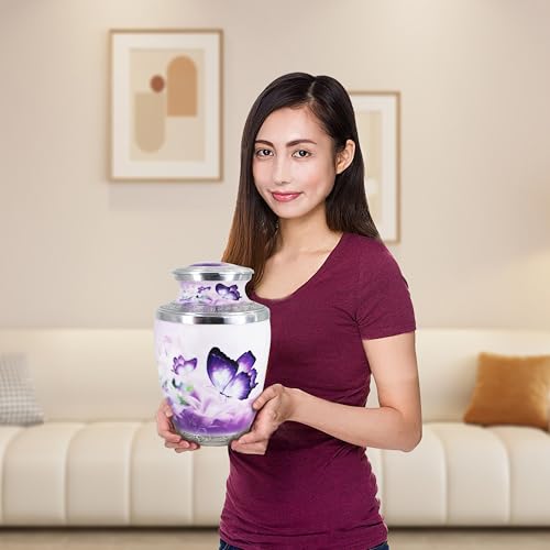 M MEILINXU Urn for Ashes for Woman & Men, Cremation Urns for Human Ashes Adult Female and Male, Burial Urn with Butterflies, Decorative Urns for Funeral, Purple Butterfly and Flowers - Large