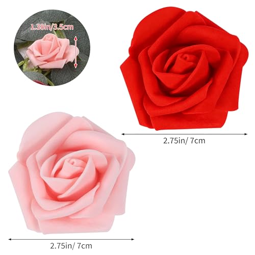 Image of 100Pcs Realistic Red Light Pink Artificial Rose Flower Heads, Foam Fake Roses for DIY Wedding Decorations Baby Shower Centerpieces Home Party Valentine's Day Mother's Day Decor