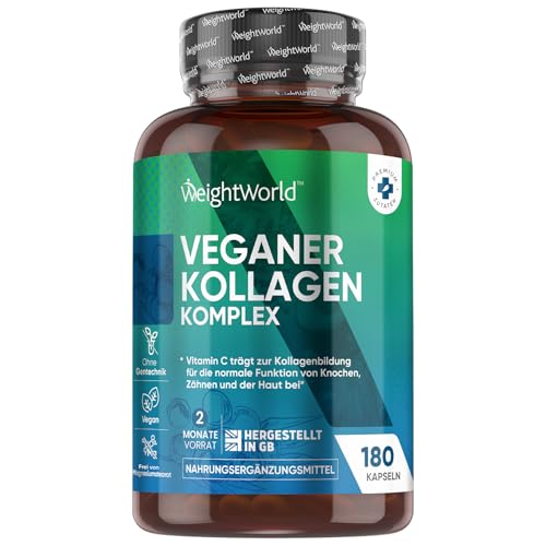 Veganes Kollagen - Mit Hyaluron, Zink, MSM, Vitamin C & E - Vitamin C trägt zur normalen Kollagenbildung für die normale Funktion der Haut bei (EFSA) - 180 Kapseln - Kollagen Kapseln - WeightWorld