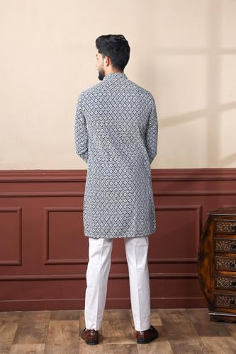 Image of LookMark Men's Printed Silk Blend Kurta with Mandarin Collar, Full Sleeves, Straight Fit Traditional Ethnic Wear
