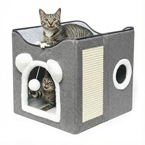 Cat Beds for Indoor Cats – Foldable Cat Cave House with Scratch Pad and Fluffy Ball, Kitten Bed and Pet Bed Furniture, Grey-A