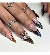 French Tip Press on Nails Long Stiletto Fake Nails with Leopard Rhinestones Design 3D Butterfly A...