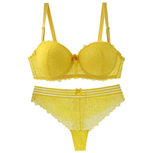 Consejos para Comprar Lenceria Niñas los preferidos por los clientes. 46 Conjunto de lencería sexy para mujeres y niñas, conjunto de brasier de encaje push-up de 2 piezas con relleno y bragas, Amarillo, 34B