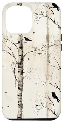 Carcasa para iPhone 14 Pro Max Abedul Trees Rústico Blanco y Negro Patrón de Árbol Minimalista