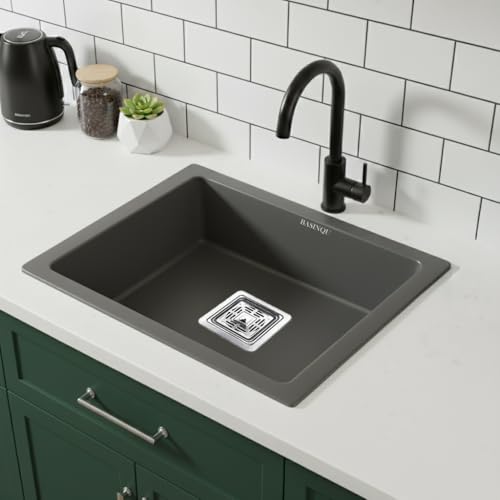 Image of BASINQU Quartz Sink for Kitchen | 21x18x9 Inches Quartz Kitchen Sink Grey | Granite Sink For Kitchen Basin UV Protected, Granite Scratch Resistant, Undermount /Topmount Sinks
