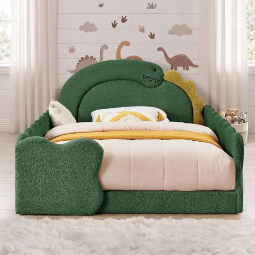 Image of Full Size Kids Bed with Dinosaur Headboard, Upholstered Boucle Fabric Twin Daybed with Slats Support & Side Pocket, Space-Saving Wooden Corner Sofa Couch Day Bed Frame for Girl, Boy, Teenager(Green)