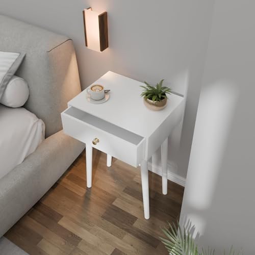 Image of Device Bas with BROWN ART SHOPPEE Coffee Table with Drawer and Solid Wood Legs, Bedside Table for Bedrooms, Century Modern Drawer Storage Cabinet for Living Room Furniture (Full White)