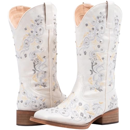 SheSole 2 Pair Women's Cowboy Boots Square Toe Mid Calf Floral Cowgirl Boot Size US 83