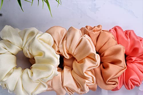 Image of Satin Scrunchies Hair Bands for Women | No-Damage Elastic Hair Ties for Ponytails & Buns | Fluffy & Stylish Rubber Bands | Large Size | Pack of 5