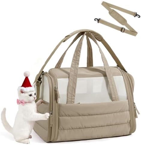 BAGSMART Cat Carrier: Soft-Sided Pet Carrier for Small Medium Cats Dogs Puppy Quilted Collapsible Puffy Travel Bag Up to 20 Lbs Brown
