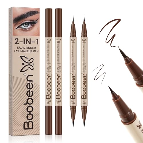 Boobeen 2pcs Liquid Eyeliner，Dual-Ended Eye Liner with Thick Tip and Precise Brush Tip，Waterproof Black Liquid Liner Pen，Matte Finish，All Day Wear，Smudge-proof,Brown