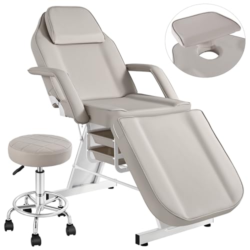 KIIUMI Facial Tattoo Chair Esthetician Lash Bed Multi-use Tattoo Massage Table for Artist with Hydraulic Stool 3-Section Beauty Barber Spa Equipment w/Removable Armrests & Headrest Gray
