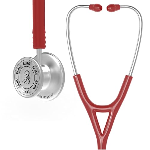 Image of ELKO TECHNO III SS Stainless Steel Stethoscope with ENGRAVING | Engrave Your Name or Initials on the Chest Piece | Lightweight Double-Sided Stainless Steel Chest piece | Two-Way PVC Tubing | Ideal for Doctors & Medical Students (Red)