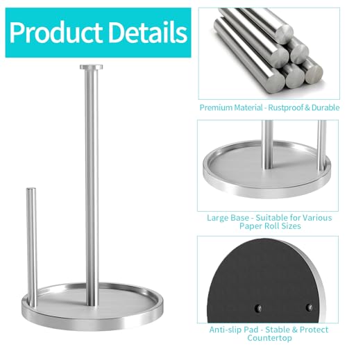Paper Towel Holder Countertop, Standing Paper Roll Holder with Anti Slip Weighted Base, Stainless Steel Freestanding Paper Towel Holder for Kitchen, Silver - Image 5