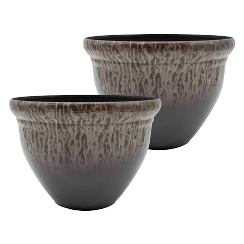 The HC Companies Pizzazz Decorative Round Flower Pots w/Ceramic Look - UV-Resistant Decorative Pot for Outdoor & Indoor Plant Pots - Modern Planter for Flower, Herbs (16 Foggy Gray, Pack of 2)