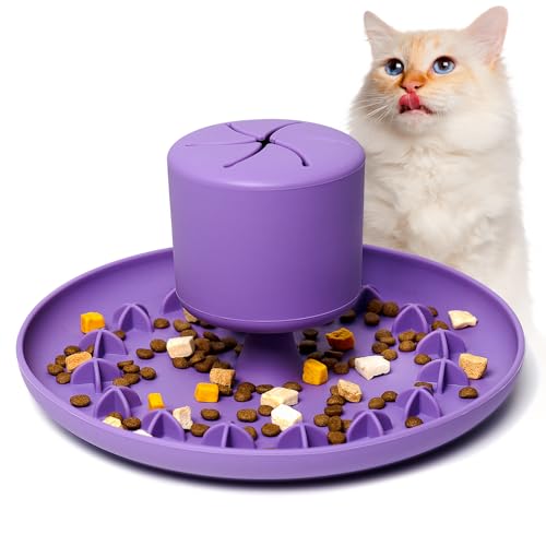 2 in 1 Slow Feeder Cat Food Dispenser and Lick Bowl Combination - Silicone Suction Cup, Anti-Vomiting, Anti-Whisker Fatigue for All Breeds of Cats