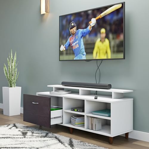 Image of VIKI Modern TV Unit for Living Room | Engineered Wood TV Cabinet with 1 Drawer Storage, 2 Open Shelves & Extension, Entertainment Unit, 140W x 48H x 40D cm | DIY | 1 Year Warranty (White & Wenge)