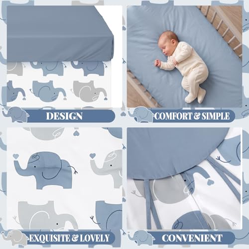 Image of Oudain 4 Piece Elephant Crib Bedding Set Baby Nursery Elephant Bedding with Crib Skirt Blanket Nursery Bed Sheet and Diaper Stacker Soft Neutral Infant Bed Set Standard Size for Boys Girls Shower Gift