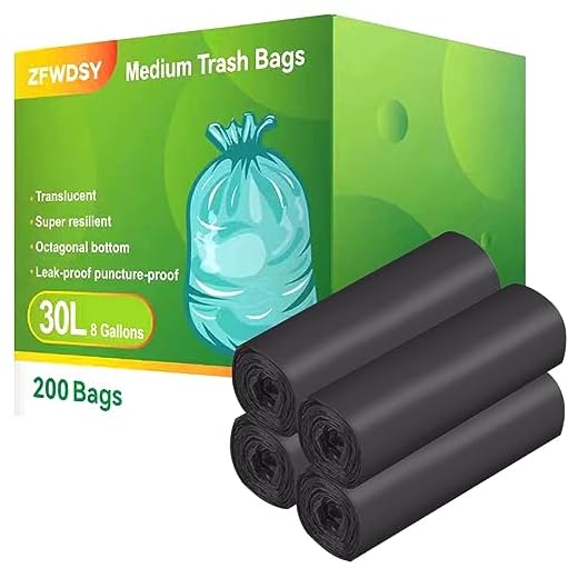 Bolsas de basura medianas, 200 unidades, 30 litros, bolsas de basura para el hogar, oficina, cocina, baño, coche, bolsas de reciclaje de basura de plástico