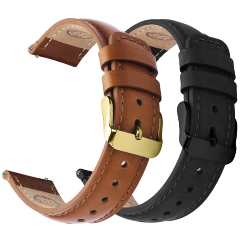 Image of Fullmosa 2 Pack 22mm Leather Watch Bands Quick Release Watch Strap for Men Women, Soft Replacement Strap Wristband with Stainless Steel Buckle,22mm Toffee Brown&gold /Black&Black