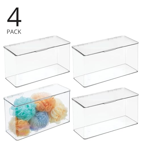 mDesign Plastic Bathroom Storage Organizer Box Containers with Hinged Lid for Vanity Drawers - Holds Lotions, Face Towels, Cotton Swabs, Soap, or Accessories - Lumiere Collection - 4 Pack - Clear