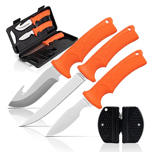 Maxam 5-Piece Fixed Blade Knife Set – Stainless Steel Dressing Tools – 8.75″ Skinning Knife, 8.75″ Caping Knife, 10.5″ Boning Knife, Storage Case, Double-Sided Sharpener