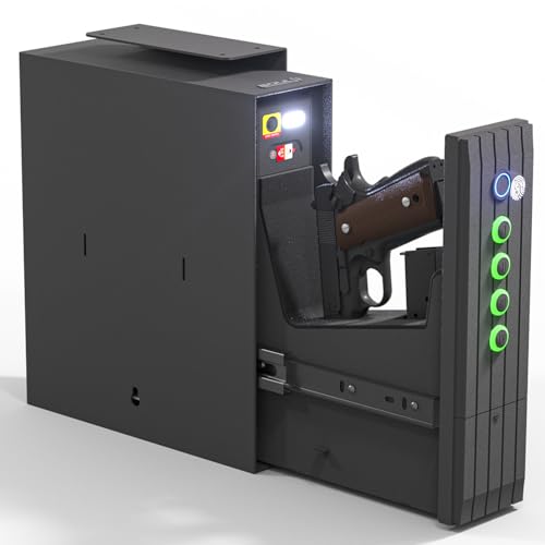 SOULYI Biometric Gun Safe for Handgun, 3 Way Quick Access Auto Sliding Door Bedside Pistol Safe for Nightstand, Desk, Vehicle with Fingerprint, PIN Code, Key Lock, LED Light, and Silent Mode