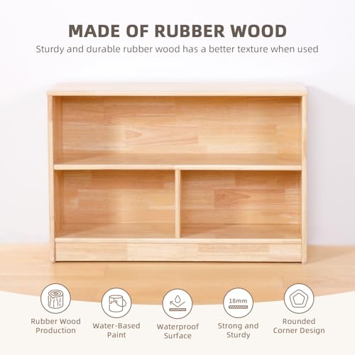 Image of OOOK Rubber Wood 3-Compartment Wooden Storage Cabinet, 35.4 inch L, 2-Tier Toy Organizers and Storage, Montessori Shelf for Kids Room, Playroom, Nursery, Classroom, Kindergarten