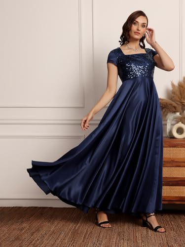 Image of Miss Chase Women's Round Neck Sleeve Embellished Fit Flare Maxi Dress