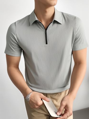 Image of Mack Jonney Ribbed |Regular Fit | Half Sleeves 100% Cotton Polo Neck Self Design with Zip T-Shirt for Men-M826