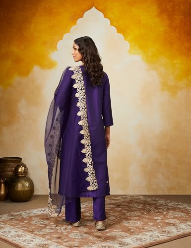 Image of Amazon Brand - Myx Women Kurta Pant Set with Embroidered Organza Dupatta | Viscose,Rayon | A-line fit (Available in Plus Sizes)