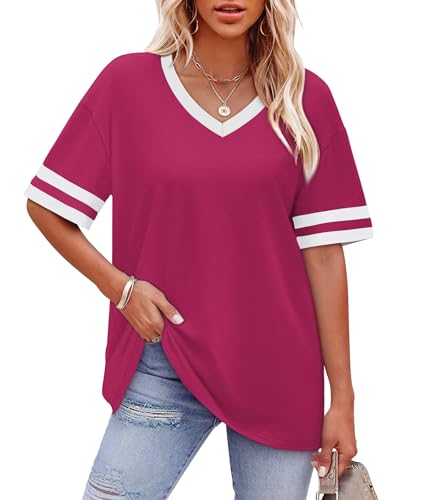 Image of WIHOLL Womens T Shirts Loose Fit Short Sleeve Tees V Neck Color Block Summer Tops 2026 Fashion S-4XL