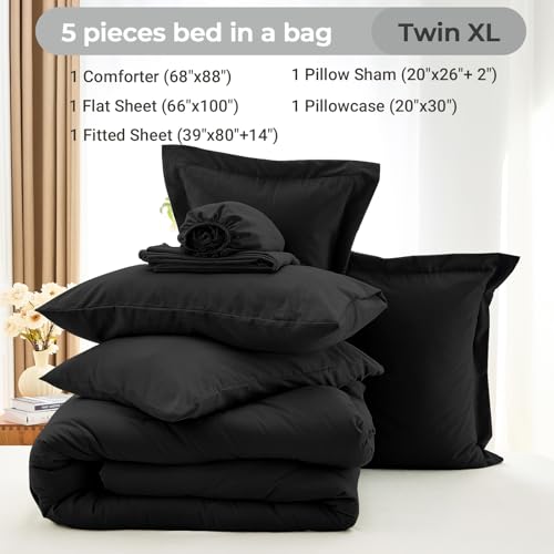 MUXHOMO 5 Pieces Twin XL Comforter Set, Soft Bed in a Bag Twin XL Size, All Season Bedding Set with Comforter, Flat Sheet, Fitted Sheet, Pillowcases & Shams, Black