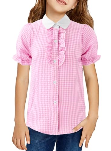 Image of Girls Short Sleeve Button Down Shirts Ruffle School Uniform Crop Tops Peter Pan Collar Plaid Blouse 4-13Y