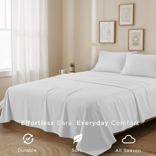 Threadmill Cotton Queen Sheet Set | 100% Cotton Sheets for Queen Size Bed | Solid Sateen Queen Bed Sheets Set with 16” Deep Pocket | Soft Breathable 4-Piece Cooling Bedding Sheet Set | White