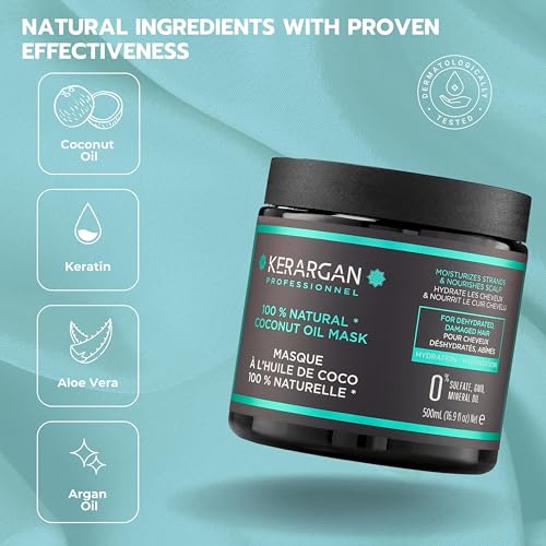 KERARGAN - Moisturizing Coconut Oil Hair Mask - Intensive Treatment for Dry and Damaged Hair - Deep Hydration - Free of sulfates, GMOs, and mineral oils - 16.9 Fl oz