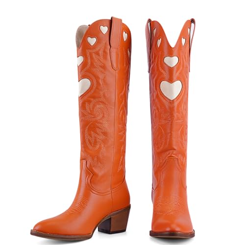 POYOIOR Orange Cowboy Boots for Women Wide Calf Round Toe Chunky Stacked Heel Knee High Cowgirl Boot Heart Pattern Classic Embroidered Tall Western Booties Pull on Size 8