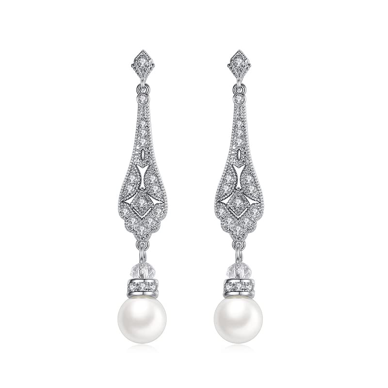 14K Gold Crystal Pearl Drop Earrings for Women,Dainty Freshwater Teardrop Crystal Long Dangle Earrings,Fashion Jewelry Gift for Her