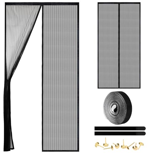 Magnetic Screen Door - Self Sealing, Heavy Duty, Hands Free Mesh Partition Keeps Bugs Out Let Breeze in- Pet and Kid Friendly - Keep Open Feature (Black, Fit Door Size 38 x 82 Inch)