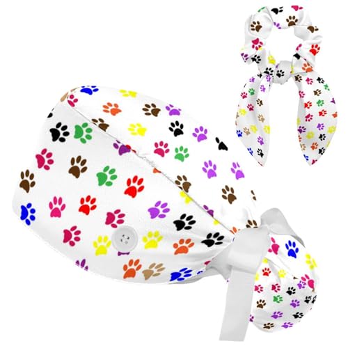 Dog Footprints Working Caps with Button Adjustable Working Scrub Hats Nurse Scrub Cap with Ponytail Holder