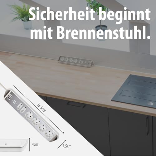 Brennenstuhl Estilo Ecksteckdosenleiste 6-Fach (Tischsteckdose mit Edelstahloberfl&auml;che f&uuml;r K&uuml;che/B&uuml;ro, Ecksteckdose mit 4X Schutzkontakt-Steckdosen, 2X Euro-Steckdosen, 2X USB) Silber/wei&szlig;