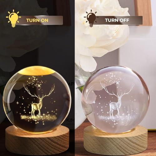 Image of 3D Deer Crystal Ball Night Lamp, Creative Engraved, USB Table LED Wooden Crystal Ball for Home Office Decoration Birthday Gift Adults (Deer)(Warm White)