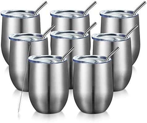 COMOOO 12oz Insulated Wine tumbler with Lid, Stainless Steel Stemless Wine Tumbler Glass,Double Wall Vacuum Wine Tumbler Cups with Straw for Gift Coffee, Cocktails,Beer,Champaign Silver, 8 Pack