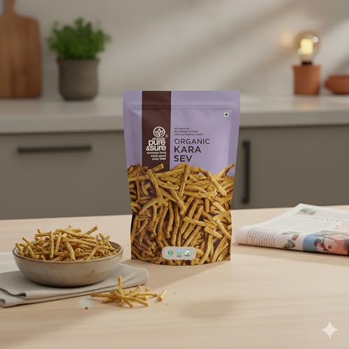 Image of Pure & Sure Organic Kara Sev 200gm| Delicious Crunchy Namkeen & Snacks | Ready to Eat Tea Time Snacks, Cholesterol Free, No Trans Fats, No Preservatives| 100gm each (Pack of 2)