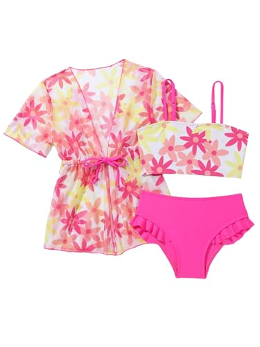Verdusa Toddler Girl's 3 Piece Swimsuit Floral Print Ruffle Trim Bikini Swimsuit with Kimono Cover Up